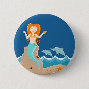 Mermaid and dolphins birthday party 2 inch round button