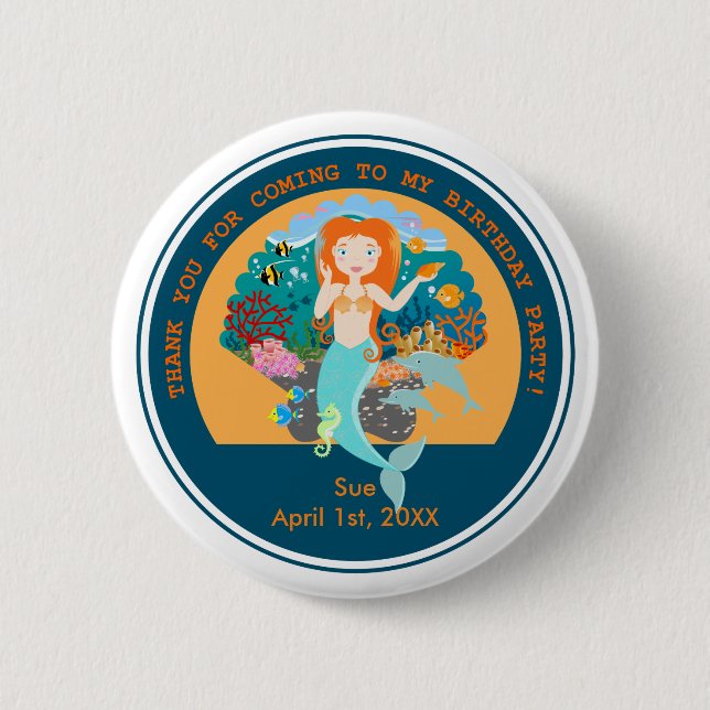 Mermaid and dolphins birthday party 2 inch round button (Front)