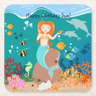 Mermaid and dolphins birthday party square paper coaster
