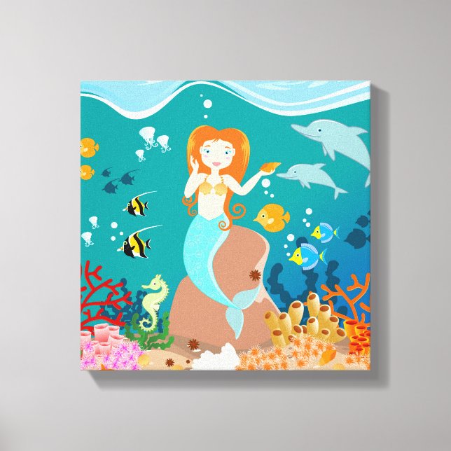 Mermaid  and dolphins under the sea birthday party canvas print (Front)