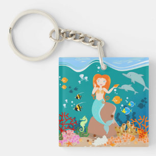 Mermaid  and dolphins under the sea birthday party keychain