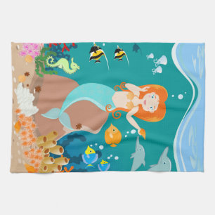 Mermaid and dolphins under the sea birthday party kitchen towel