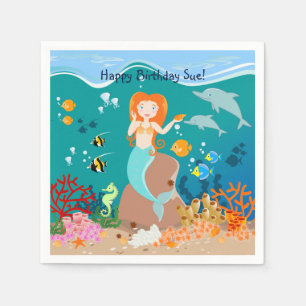 Mermaid  and dolphins under the sea birthday party napkin