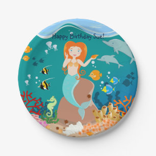 Mermaid and dolphins under the sea birthday party paper plate