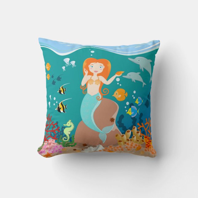 Mermaid  and dolphins under the sea birthday party throw pillow (Front)