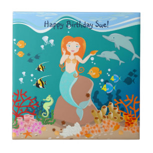Mermaid  and dolphins under the sea birthday party tile