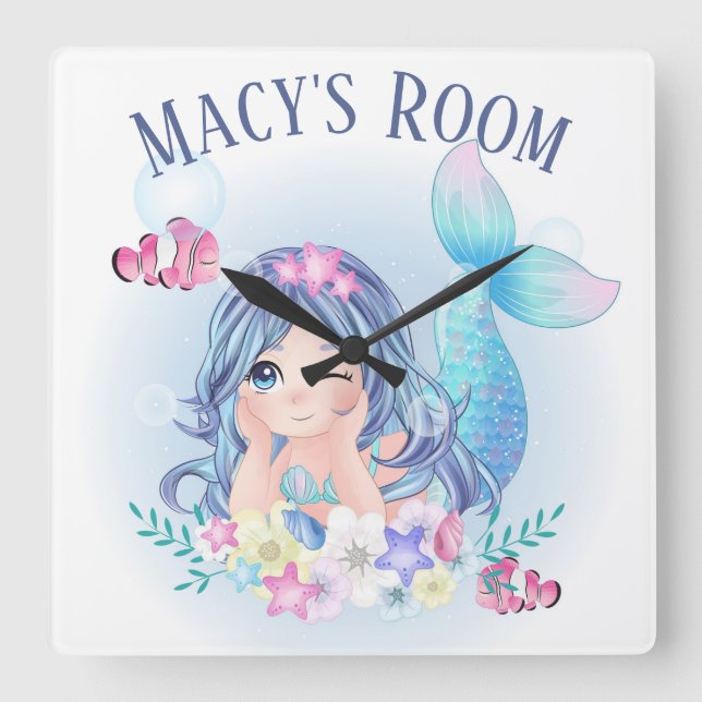 Mermaid and Fish Door Sign Square Wall Clock (Front)