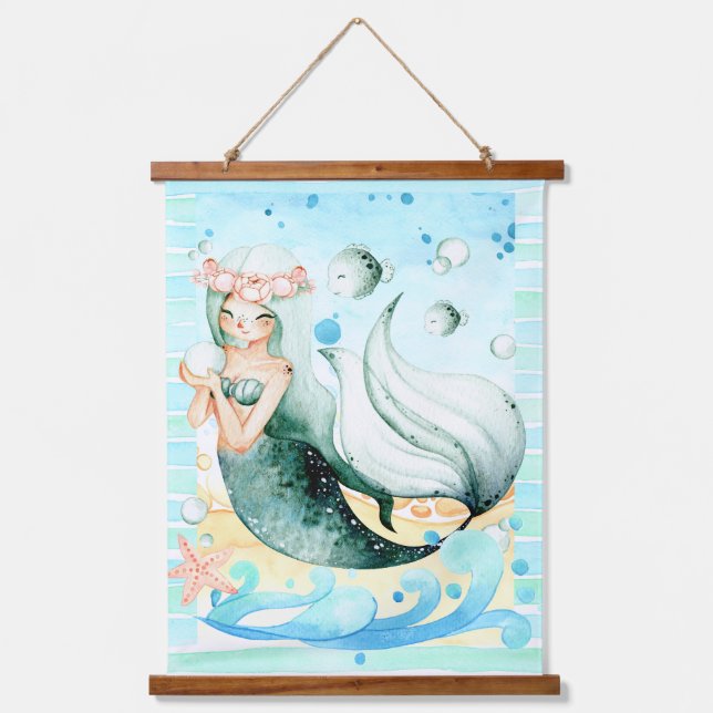 Mermaid and Fish Sea Life Watercolor Art Hanging Tapestry (Front)