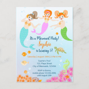 Mermaid and friends girly Birthday Party Invitation Postcard