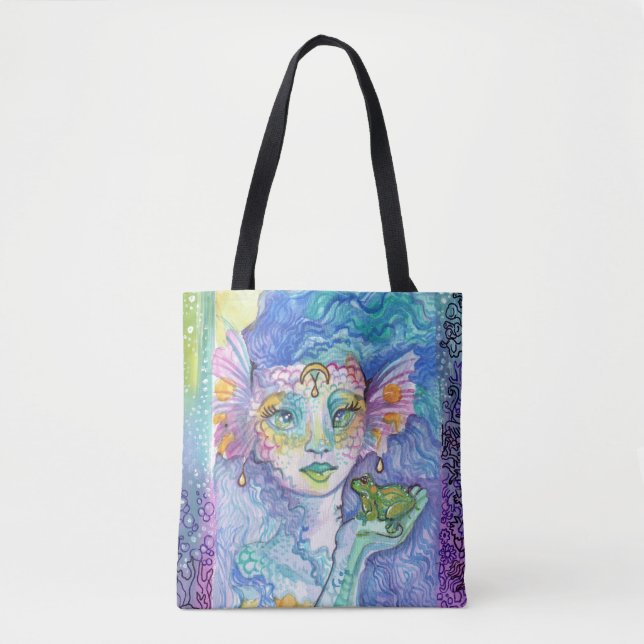 Mermaid and Frog fantasy watercolor art Tote Bag (Front)
