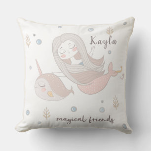 Mermaid and Narwhal Magical Friends Personalized Throw Pillow