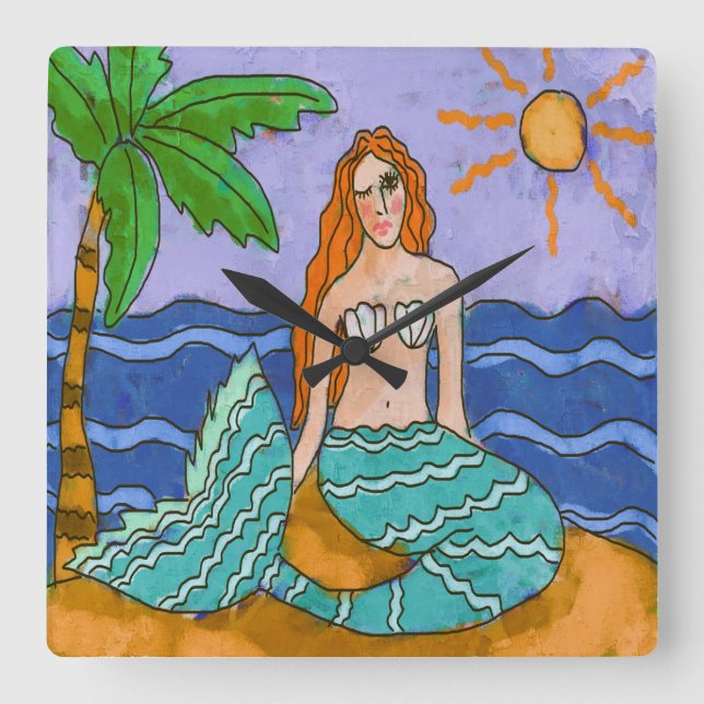 Mermaid and Palm Tree Abstract Art Square Wall Clock (Front)