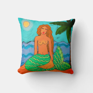 Mermaid and Palm Tree Abstract Art Throw Pillow