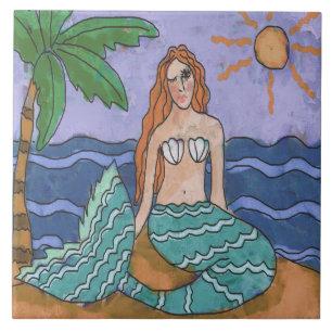 Mermaid and Palm Tree Abstract Art Tile