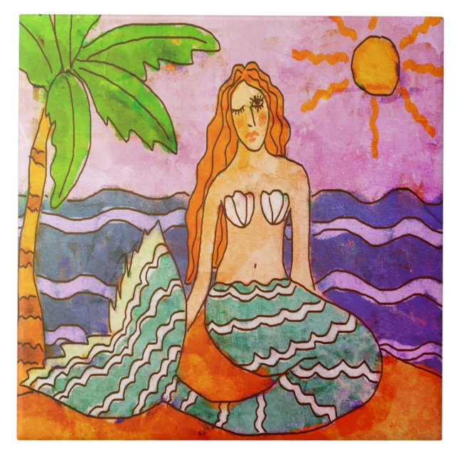 Mermaid and Palm Tree Abstract Art Tile (Front)