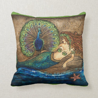 Mermaid and Peacock Toss Pillow