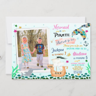 Mermaid and Pirate birthday invitation Boy Girl