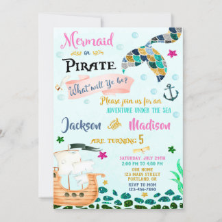 Mermaid and Pirate birthday invitation Boy Girl