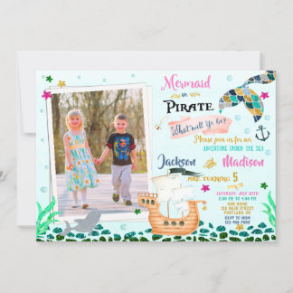 Mermaid and Pirate birthday invitation Boy Girl