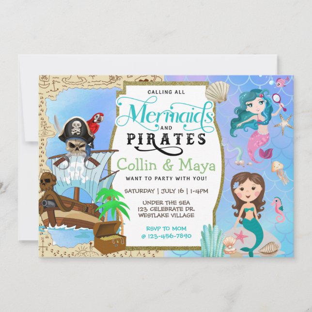 Mermaid And Pirate Birthday, Joint Birthday Invite (Front)