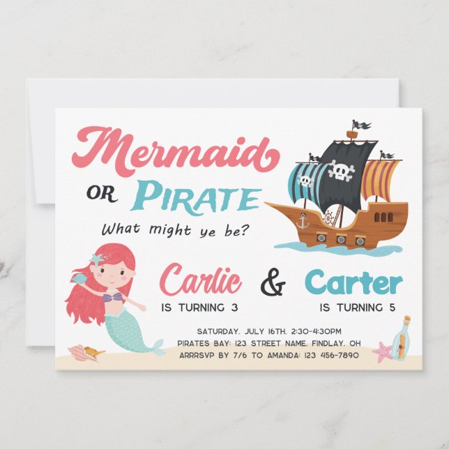 Mermaid and Pirate Joint Birthday Party, Any Age Invitation (Front)