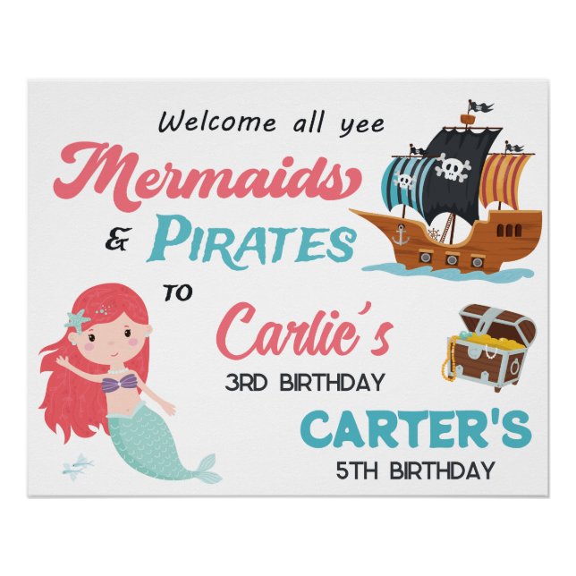 Mermaid and Pirate Joint Birthday Party, Any Age Poster (Front)