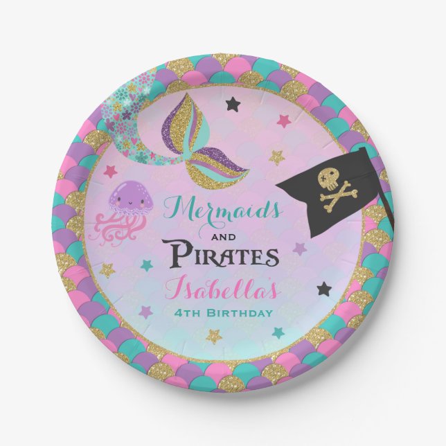 Mermaid And Pirate Paper Party Plates (Front)