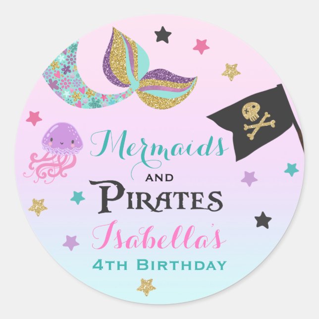 Mermaid And Pirate Party Favour Tag Sticker Seal (Front)