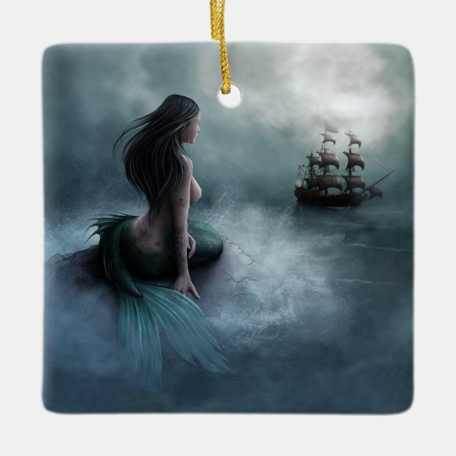Mermaid and Pirate Ship Ceramic Ornament (Front)