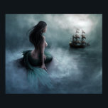 Mermaid and Pirate Ship Poster<br><div class="desc">Poster of a mermaid looking out to sea at a pirate ship. See matching wrapped canvas print. See the entire Shipwreck Poster collection in the DECOR | Wall Art section.</div>