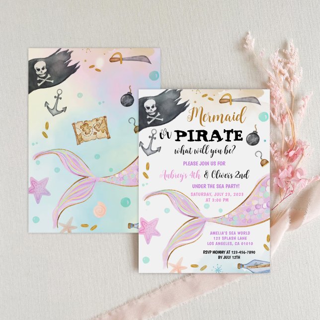 Mermaid and Pirate Sibling Joint Birthday Invitation (Creator Uploaded)