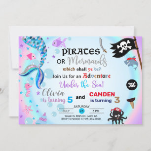 Mermaid and pirate siblings invitation. invitation