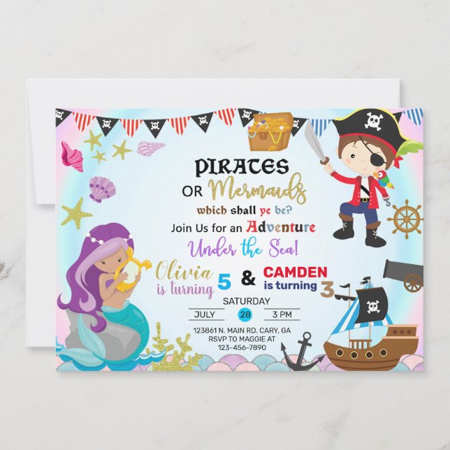 Mermaid and pirate siblings invitation. invitation (Front)