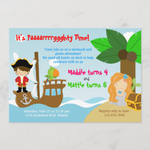 Mermaid and Pirate Twins Joint Birthday Party Invitation