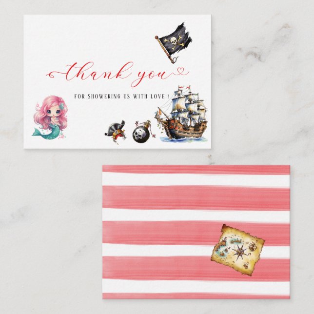 Mermaid and Pirate watercolor birthday party thank Card (Front/Back)