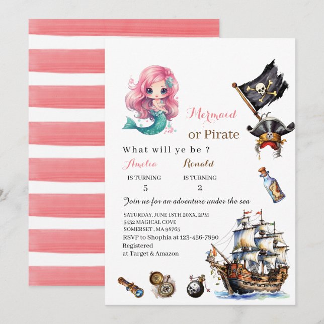 Mermaid and Pirate watercolorbirthday paInvitation Invitation (Front/Back)