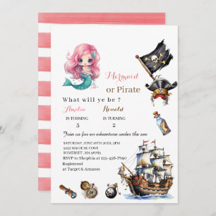 Mermaid and Pirate watercolorbirthday paInvitation Invitation