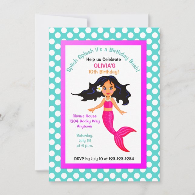 Mermaid and Polka Dot Party Invitation (Front)