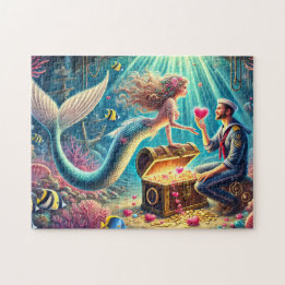 Mermaid and Sailor Romantic Underwater Treasure Jigsaw Puzzle