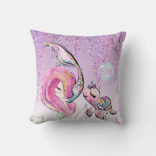 Mermaid and Sea Turtle and Friends, Add Initials Throw Pillow