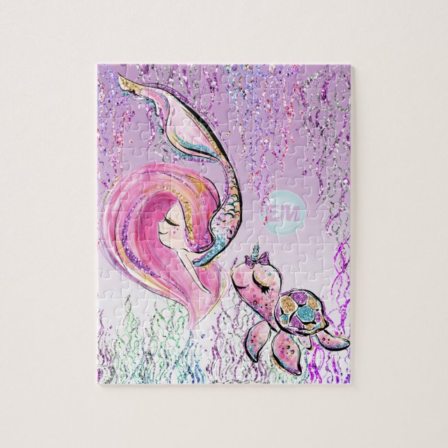 Mermaid and Sea Turtle Friends, Add Initials Girls Jigsaw Puzzle (Vertical)