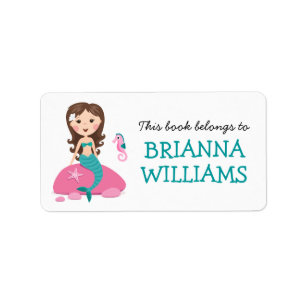 Mermaid and seahorse bookplate book label