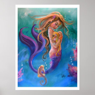 Mermaid and Seahorses, Colourful Poster
