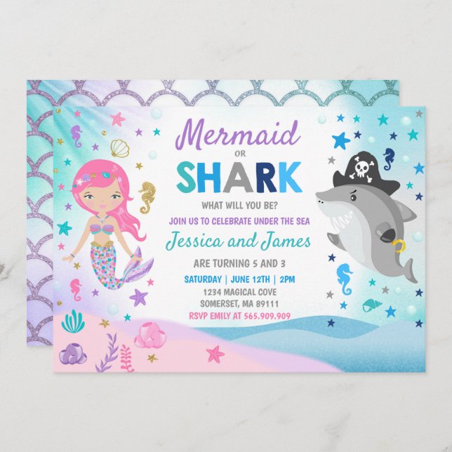 Mermaid And Shark Birthday Invitation Pool Party (Front/Back)