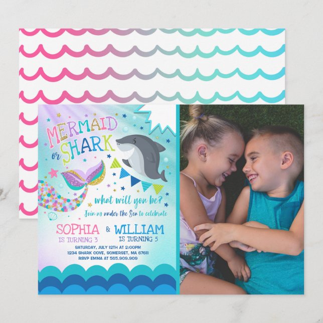 Mermaid And Shark Birthday Invitation Pool Party (Front/Back)