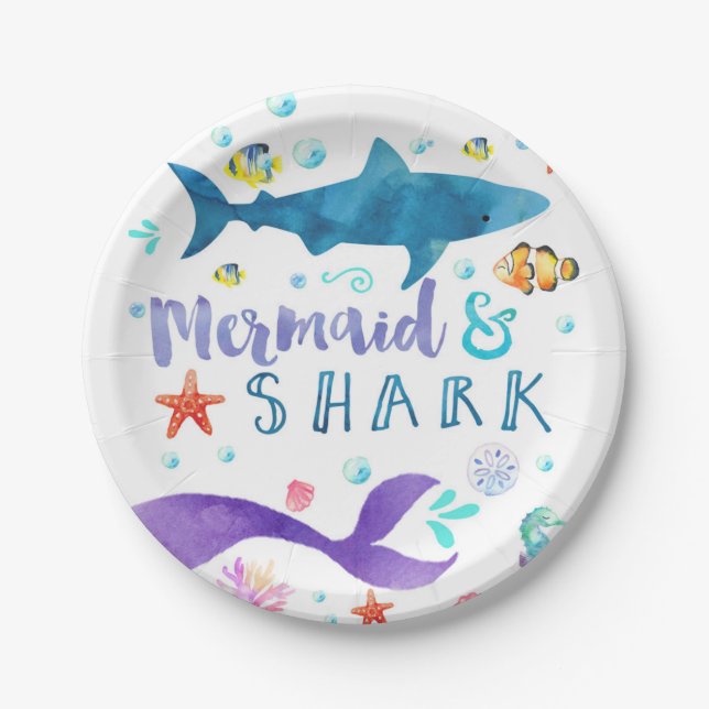 Mermaid and Shark birthday party paper plate (Front)