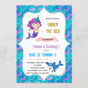 Mermaid and shark birthday theme invitation