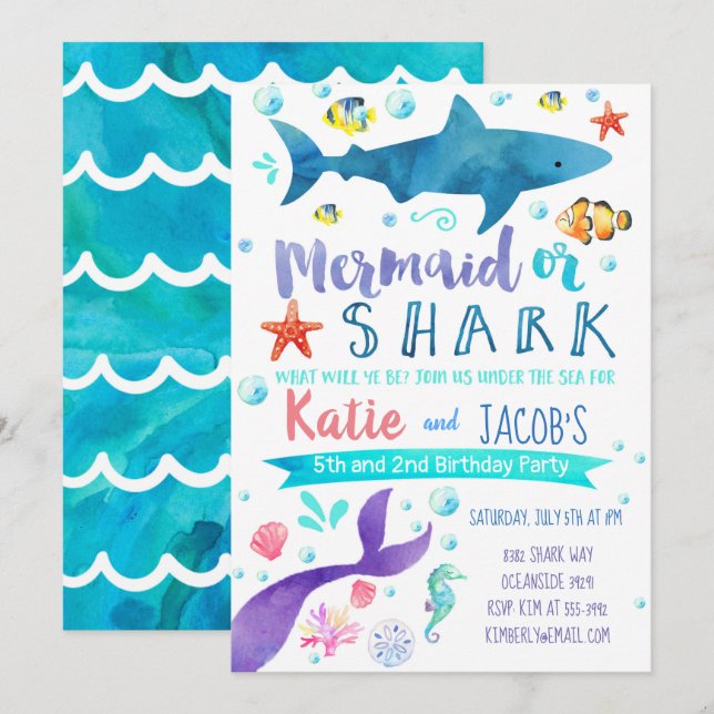 Mermaid and Shark Invitation Birthday Party Sea (Front/Back)