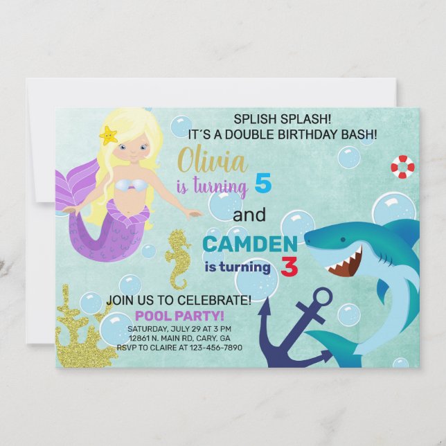 Mermaid and shark siblings invitation. invitation (Front)