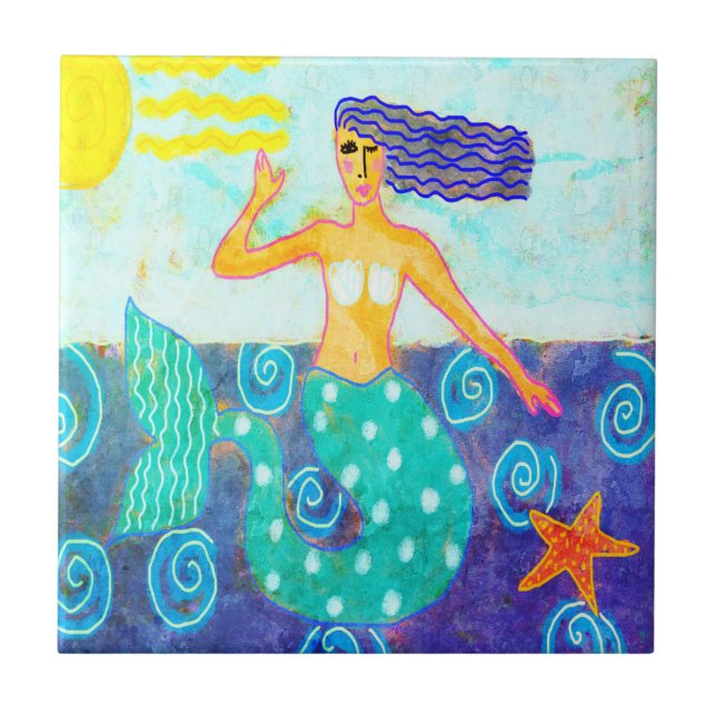 Mermaid and Starfish Abstract Painting Tile (Front)